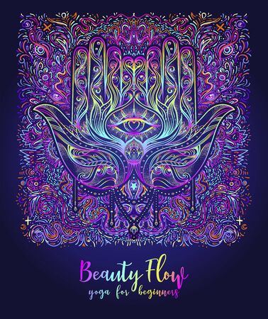 Yoga card, flyer, poster, mat design. Colorful neon template for spiritual retreat or yoga studio. Ornamental business cards, oriental pattern. Vector illustration. Sticker, patch, 60s hippie art.のイラスト素材