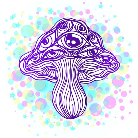 Magic mushrooms. Psychedelic hallucination. Vibrant vector illustration. 60s hippie colorful art. Decoration in ethnic boho style tattoo. Alchemy or astrology, esoteric or festive design.のイラスト素材