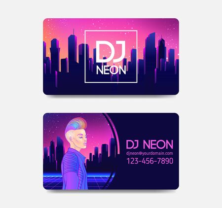 Futuristic synth wave style. Retroparty flyer template. Portrait of a young pretty androgynous woman with short shaved pixie undercut in retro futurism style. Vector illustration in neon bright colors.のイラスト素材