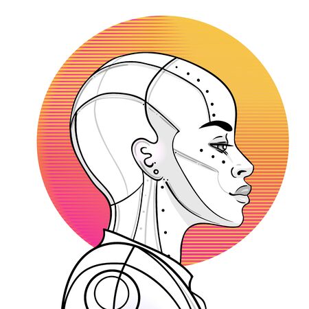 Portrait of robot woman in retro futurism style. Vector illustration of a cyborg in glowing neon bright colors. futuristic synth wave flyer template. Cyber technology. African american style.のイラスト素材
