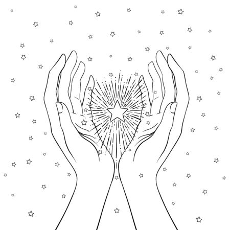 Female hands open around magic star. New World Order. Hand-drawn alchemy, religion, spirituality, occultism. Vector illustration in hipster style isolated.のイラスト素材