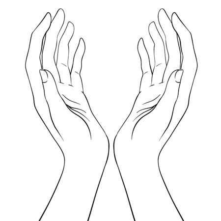 Open hands. Hand drawn illustration. Occult design vector illustration. Iink tattoo flash design. Vector isolated on white. Astrology, Sacred Spirit.のイラスト素材