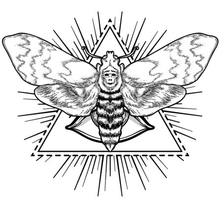 Black and white moth over sacred geometry sign, isolated vector illustration. Tattoo flash. Mystical symbols and insects. Alchemy, occultism, spirituality, coloring book. Hand-drawn vintage.のイラスト素材