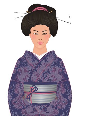 Beautiful japanese woman in kimon, traditional dress, on pink floral sakura backgroundのイラスト素材