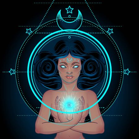 African American magic woman holding all seeing eye with rays. Vector Illustration. Mysterious black girl over sacred geometry symbols and wings. Alchemy, religion, spirituality, occultism, tattoo artのイラスト素材