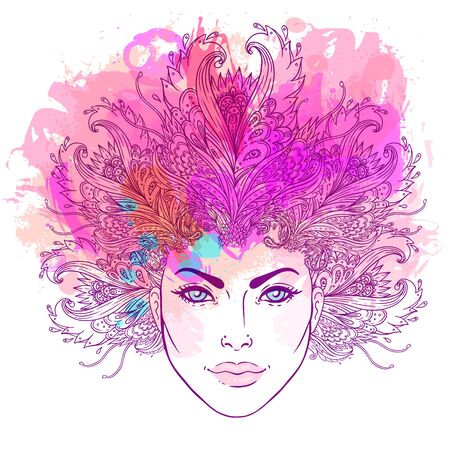 Tribal Fusion Boho Goddess. Beautiful divine diva girl with ornate crown, kokoshnik inspired. Bohemian goddess. Hand drawn elegant illustration. Lotus flower, ethnic art, patterned Indian paisley.のイラスト素材