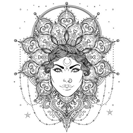 Tribal Fusion Boho Goddess. Beautiful divine diva girl with ornate crown, kokoshnik inspired. Bohemian goddess. Hand drawn elegant illustration. Lotus flower, ethnic art, patterned Indian paisley.のイラスト素材