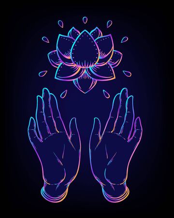 Sacred Geometry and Boo symbol set. Ayurveda sign of harmony and balance. Tattoo design. poster, t-shirt textile. Colorful rainbow gradient over black.のイラスト素材