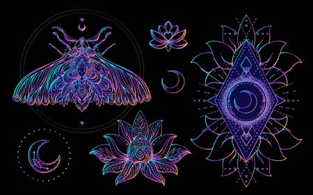 Sacred Geometry and Boo symbol set. Ayurveda sign of harmony and balance. Tattoo design. poster, t-shirt textile. Colorful rainbow gradient over black. Astrology, esoteric, religion.のイラスト素材