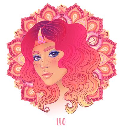 Drawing of Leo astrological sign as a beautiful girl over ornate mandala pattern. Zodiac vector illustration isolated on white. Future telling, horoscope, alchemy, spirituality, fashion woman.のイラスト素材