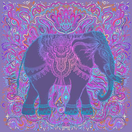 Beautiful hand-drawn tribal style elephant. Colorful paisley design, boho mandala patterns, ornaments. Ethnic background, spiritual art, yoga. Indian god Ganesha, Thai symbol. T-shirt print, poster.のイラスト素材