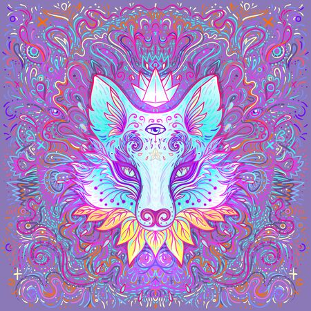 Cute fox face over psychedelic ornate pattern. Character tattoo design for pet lovers, artwork for print, textiles. Detailed vector illustration. Totem animal.のイラスト素材