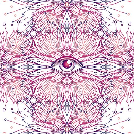 All seeing eye seamless pattern. Hand drawn vintage style background. Alchemy, spirituality, occultism, textiles art. Isolated vector illustration. Conspiracy theory.のイラスト素材