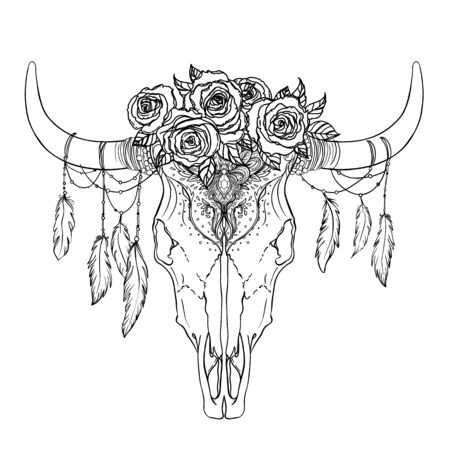 Bull skull with rose flowers and feathers hanging from the horns. Isolated vector illustration. Can be tattoo flash, tote bag print, sticker and more. Boho design, poster, t-shirt textile.のイラスト素材