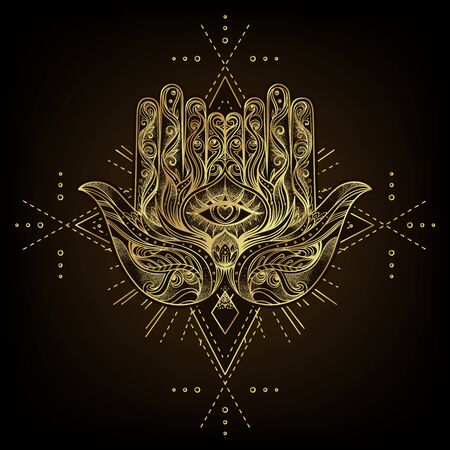 Vector ornamental Lotus flower, ethnic art, patterned Indian paisley. Hand drawn illustration isolated. Invitation. Golden stickers, flash temporary tattoo, mehndi symbol. Gold gradient over black.のイラスト素材