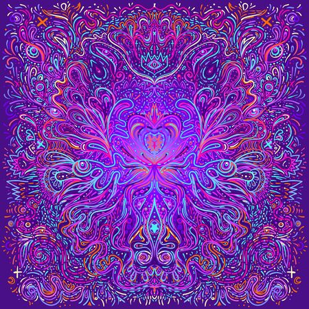 Hypnotic shamanic acid patterned background. Hand drawn design in ethnic Indian style. Mystic...