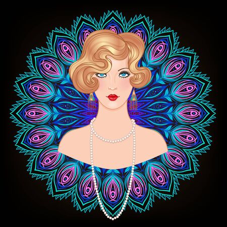 Art Deco vintage invitation template design with illustration of flapper girl. patterns and frames. Retro party background set 1920s style. Vector for glamour event, thematic wedding or jazz partyのイラスト素材