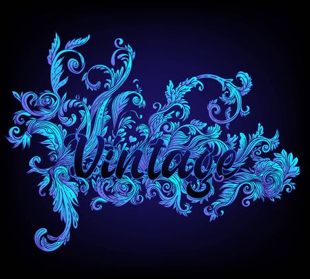 Vintage baroque floral patterned frame in bright neon colors. 1980s style. Ornate vector decoration. Luxury, royal and Victorian concept. Vintage design. Heraldic floral texture.のイラスト素材