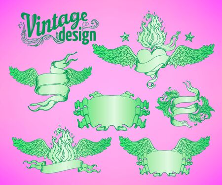 Vintage design elements set. Ribbons in bright neon colors. Vector illustration. 1980s style. Ornate vector decoration. Luxury, royal and Victorian concept design. Heraldic floral texture.のイラスト素材