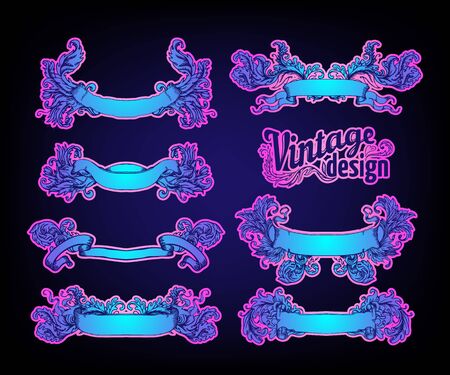 Vintage design elements set. Ribbons in bright neon colors. Vector illustration. 1980s style. Ornate vector decoration. Luxury, royal and Victorian concept design. Heraldic floral texture.のイラスト素材