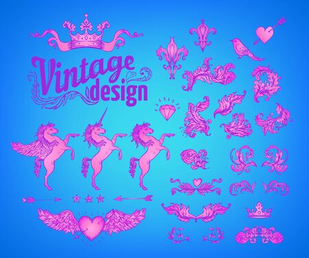 Vintage design elements set. Ribbons in bright neon colors. Vector illustration. 1980s style. Ornate vector decoration. Luxury, royal and Victorian concept design. Heraldic floral texture.のイラスト素材