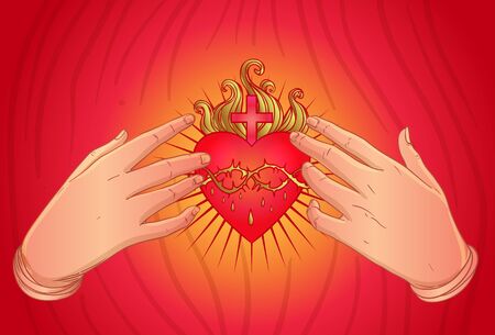 Open praying hands around sacred heart of Jesus. Hope faith and help, assistance and support symbol. Vector color illustration in vintage style isolated on black. Spirituality, religion, Catholicism.のイラスト素材