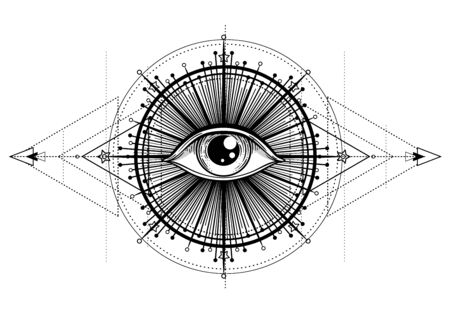 Eye of Providence. Masonic symbol. All seeing eye inside triple moon pagan Wicca moon goddess symbol. Vector illustration. Tattoo, astrology, alchemy, boho and magic symbol. Coloring book.のイラスト素材