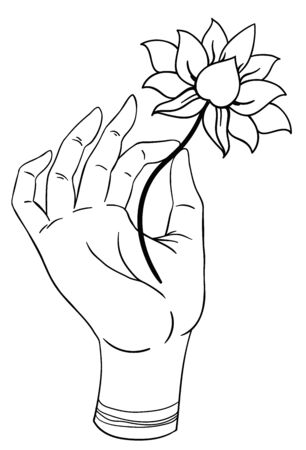 Lord Buddha hand with eye holding Lotus flower. Isolated vector illustration of Mudra. Hindu motifs. Tattoo, yoga, spirituality, textiles. Sketchy style, hand drawn. Vintage drawing.のイラスト素材