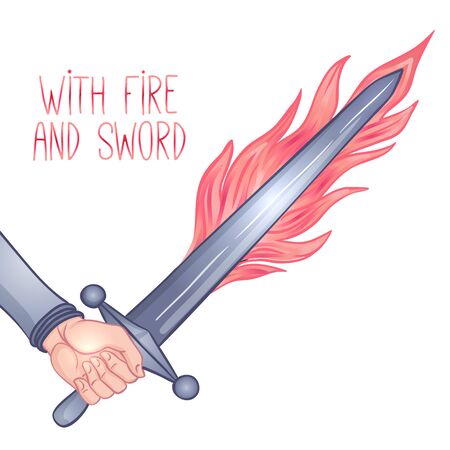 With sword and fire. Hand holding sword. Vintage gothic style inspired art. Vector illustration isolated. Tattoo design.のイラスト素材