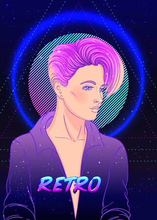 Portrait of a young pretty androgynous woman with short shaved pixie undercut in retro futurism style. Vector illustration in neon bright colors. Blue short hair. futuristic synth wave flyer templateのイラスト素材