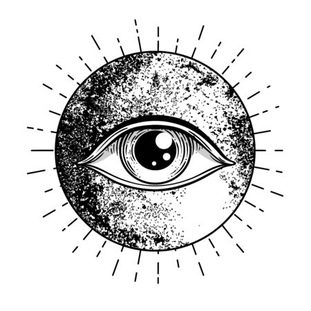 Eye of Providence. Masonic symbol. All seeing eye inside triple moon pagan Wicca moon goddess symbol. Vector illustration. Tattoo, astrology, alchemy, boho and magic symbol. Coloring book.のイラスト素材