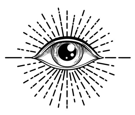 Blackwork tattoo flash. Eye of Providence. Masonic symbol. All seeing eye inside triangle pyramid. New World Order. Sacred geometry, religion, spirituality, occultism. Isolated vector illustrationのイラスト素材