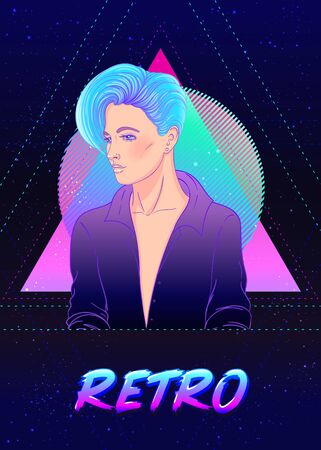 Portrait of a young pretty androgynous woman with short shaved pixie undercut in retro futurism style. Vector illustration in neon bright colors. Blue short hair. futuristic synth wave flyer templateのイラスト素材