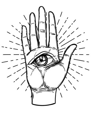 Vintage Hands with all seeing eye. Hand drawn sketchy illustration with mystic and occult hand drawn symbols. Palmistry concept. Vector illustration. Spirituality, astrology and esoteric concept.のイラスト素材