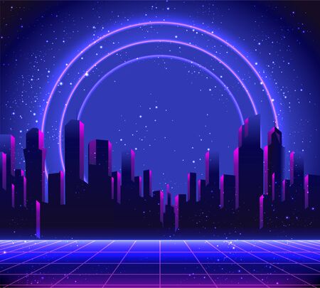 Retro Futurism. Vector futuristic synth wave illustration. 80s Retro poster Background with Night City Skyline. Rave party Flyer design template in 1980s style..のイラスト素材