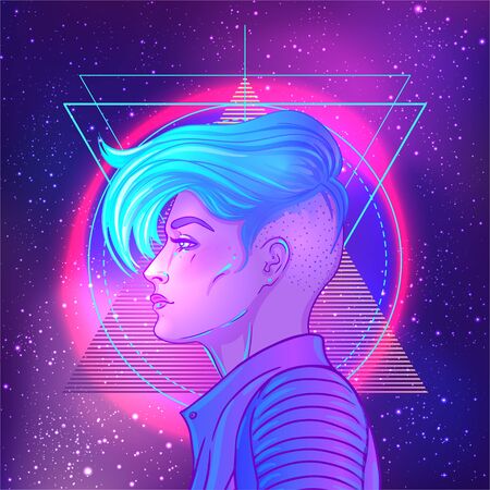 Portrait of a young pretty androgynous woman with short shaved pixie undercut in retro futurism style. Vector illustration in neon bright colors. Blue short hair. futuristic synth wave flyer templateのイラスト素材