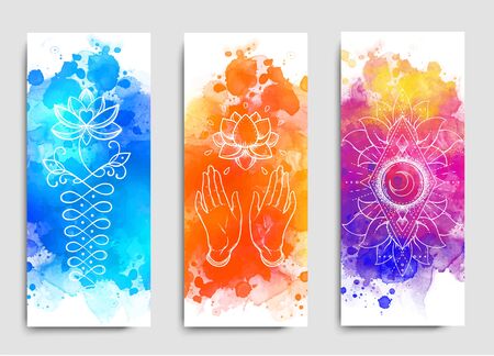 Yoga card design. Colorful template for spiritual retreat or yoga studio. Ornamental business cards, oriental pattern over watercolor painted background. Vector illustration.のイラスト素材