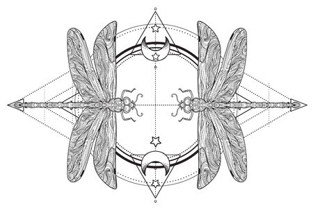 Dragonfly over sacred geometry sign, isolated vector illustration. Tattoo sketch. Mystical symbols and insects. Alchemy, occultism, spirituality, coloring book. Hand-drawn vintage.のイラスト素材