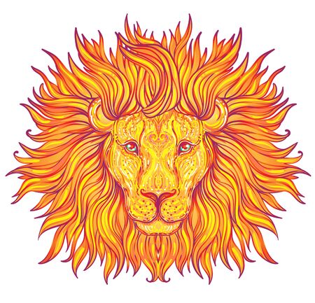 Patterned ornate lion head. African, Indian, totem, tattoo, sticker design. Design of t-shirt, bag, postcard and posters. Vector isolated illustration in bright neon colors. Zodiac sign Leo.のイラスト素材
