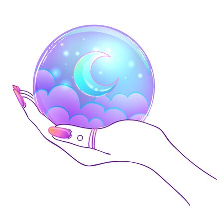 Female hand holding Magic Crystal Ball isolated on white. Creepy cute vector illustration. Gothic design, mystic magician symbol, pastel colors. Future telling, Halloween concept.のイラスト素材