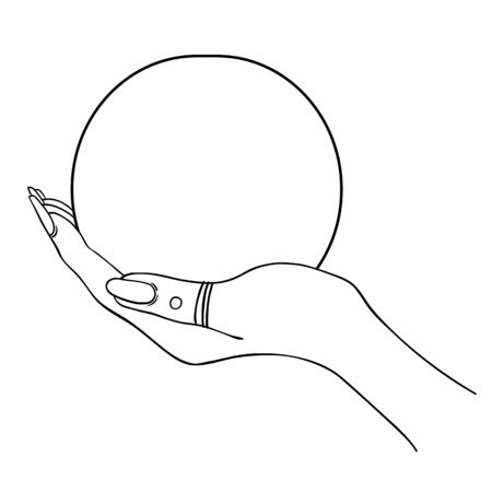 Female hand holding Magic Crystal Ball isolated on white. Creepy cute vector illustration. Gothic design, mystic magician symbol in black outlines. Future telling, Halloween concept.のイラスト素材