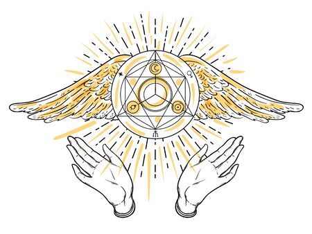Open hands. Hand drawn illustration. Occult design with angels wings. Dotwork ink tattoo flash design. Vector isolated on white. Astrology, Sacred Spirit.のイラスト素材