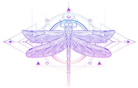 Dragonfly over sacred geometry sign, isolatedのイラスト素材