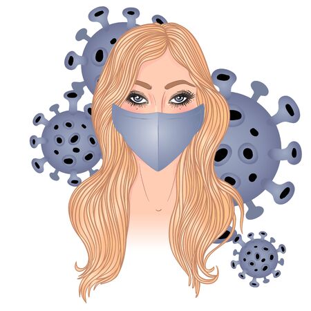 Portrait of caucasian woman in white medical face mask.のイラスト素材