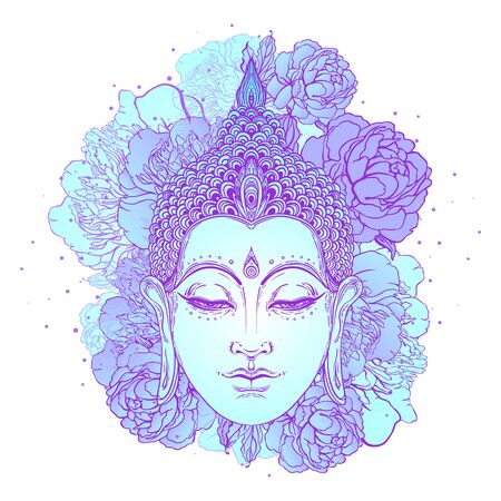 Buddha face with peonies on background. Vector illustration. Psychedelic neon composition. Indian, Buddhism, Spiritual Tattoo, yoga, spirituality. Sticker, patch, poster graphic design.のイラスト素材