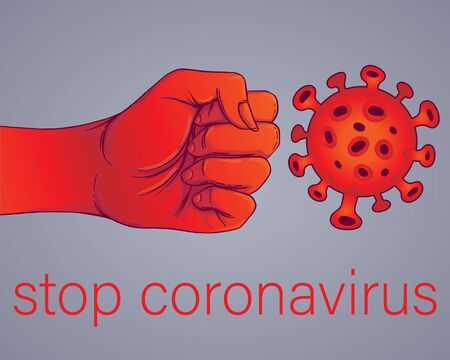 Stop coronavirus, human fist raised up symbol outbreak and coronaviruses influenza vector illustration. Coronavirus 2019-nCoV. Pandemic medical health risk, immunology, virology, epidemiology.のイラスト素材