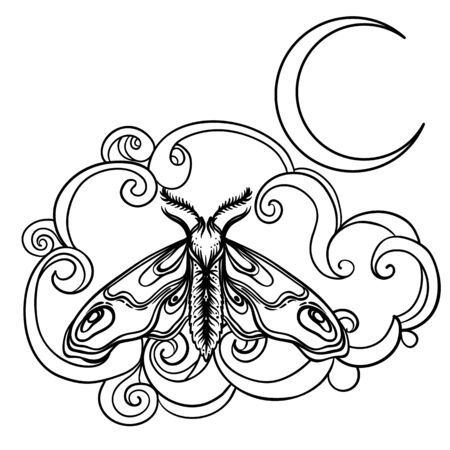 Crescent moon and moth over ornate cloud. Tattoo style. Vector illustration in outlines isolated on white.のイラスト素材