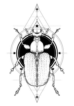 Black and white beetle over sacred geometry, isolated vector illustration. Tattoo sketch. Mystical symbols and insects. Alchemy, religion, occultism, spirituality, coloring book. Hand-drawn vintage.のイラスト素材