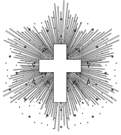 Outline drawing of catholic cross with rays of the sun in vintage style. Tattoo flesh design, yoga logo. Boho print, poster, t-shirt textile. Isolated vector illustration.のイラスト素材