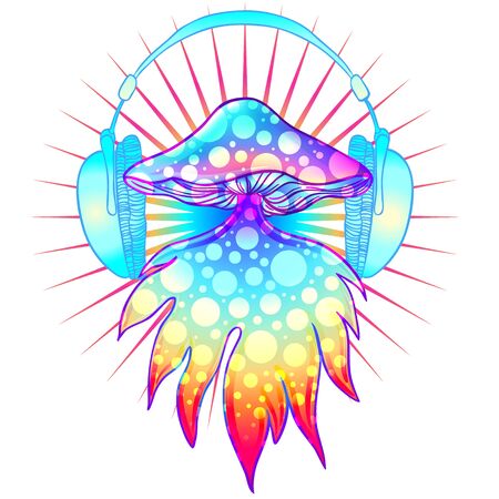Magic mushrooms over sacred geometry. Psychedelic hallucination. Vibrant vector illustration. 60s hippie colorful art.のイラスト素材